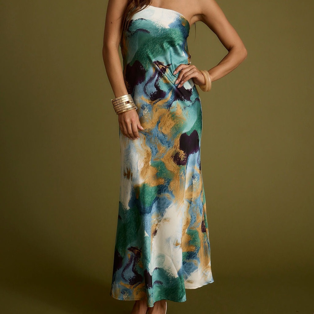 12th Tribe Natalia Blue and Gold Watercolor Strapless Maxi Dress Size XSXS